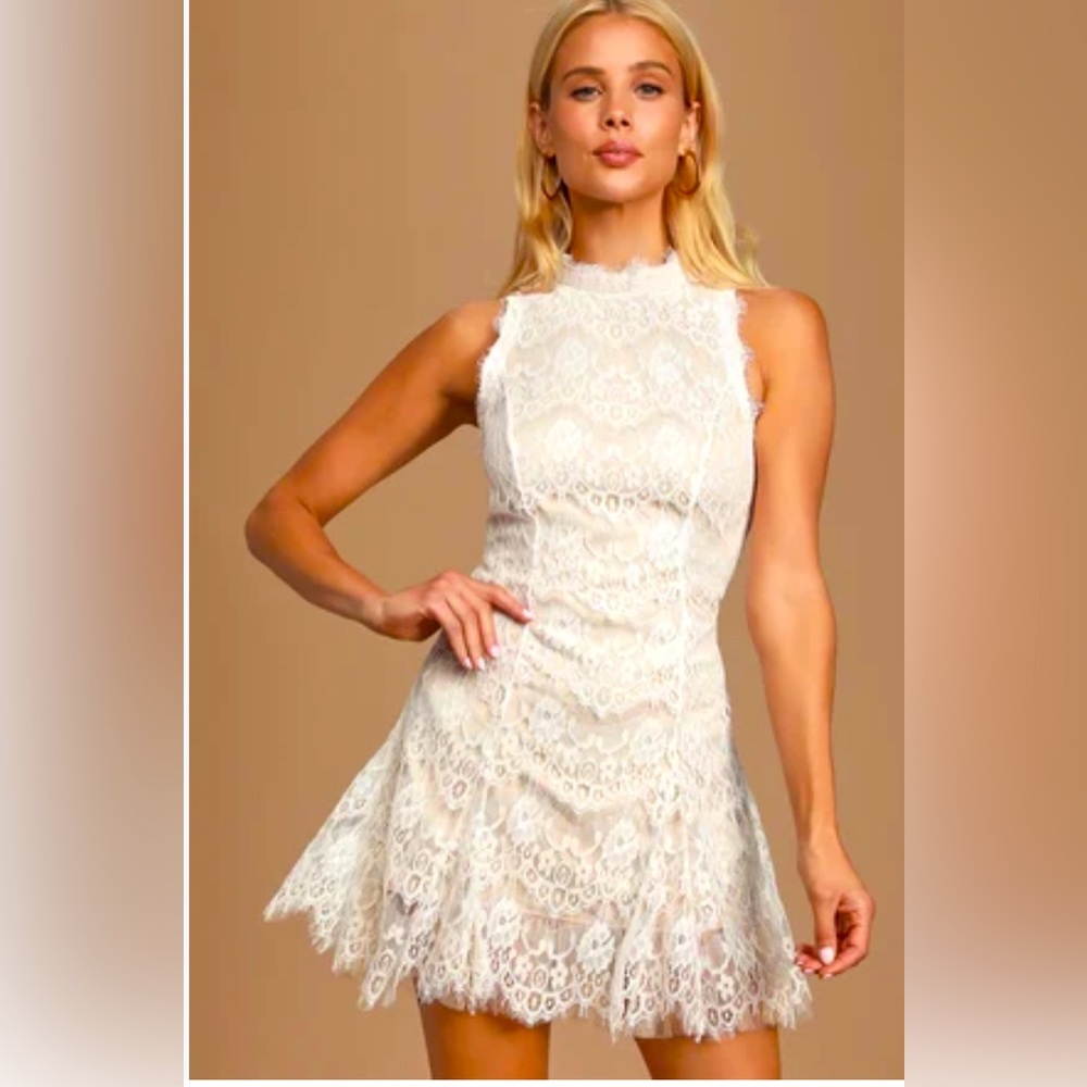 White Lace Mock Neck Mini Dress